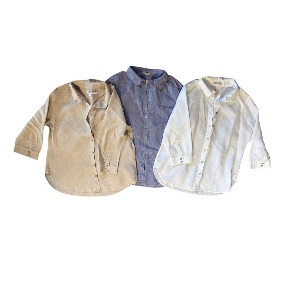 Chico's Small Bundle 100% Linen Tan Blue and White Button up 3/4 Sleeve Shirt